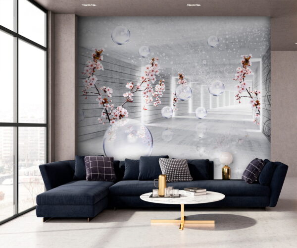 Habitación blanca con flores y burbujas Fotomurales Habitación blanca con flores y burbujas