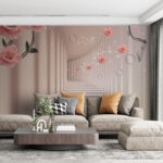 Fotomurales Papel pintado con rosas rosas y escaleras blancas