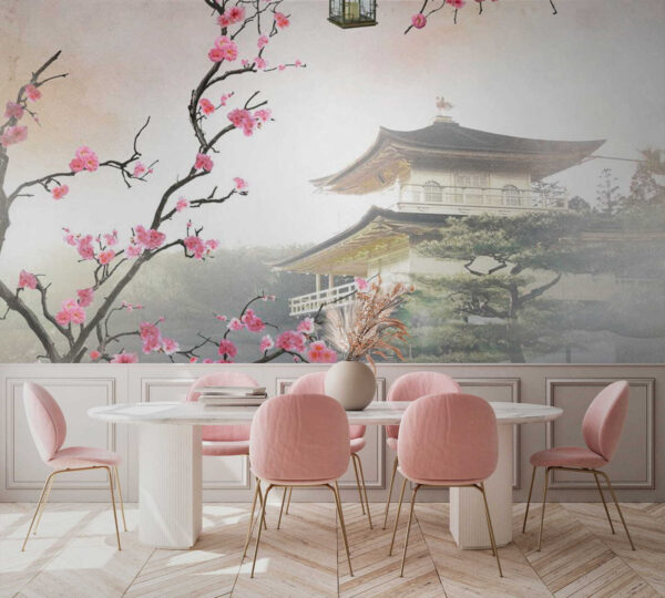 Fotomurales Fotomurales Flores enmarcando un sereno templo japonés. (SKU: u60294)