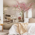 Fotomurales Árbol con flores rosas y un piano en una habitación