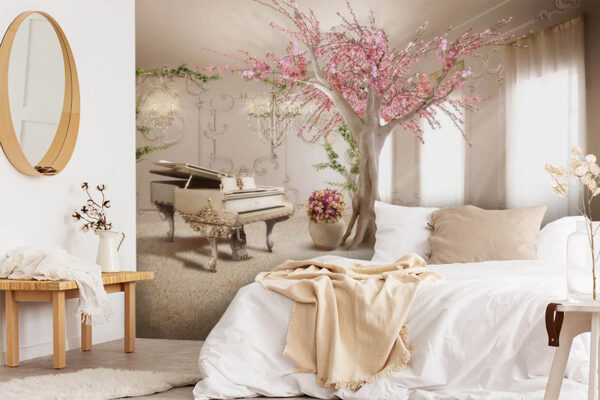 Árbol con flores rosas y un piano en una habitación Fotomurales Árbol con flores rosas y un piano en una habitación