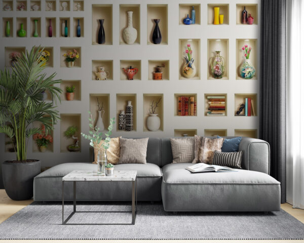 Estanterías decorativas con artículos de colores expuestos Fotomurales Estanterías decorativas con artículos de colores expuestos