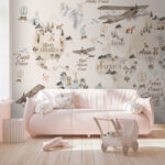 Fotomurales Mapa vintage con animales y aviones.
