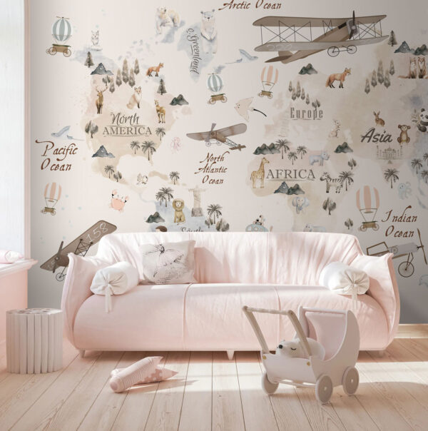 Mapa vintage con animales y aviones Fotomurales Mapa vintage con animales y aviones