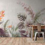 Fotomurales Hojas tropicales y flores vibrantes.
