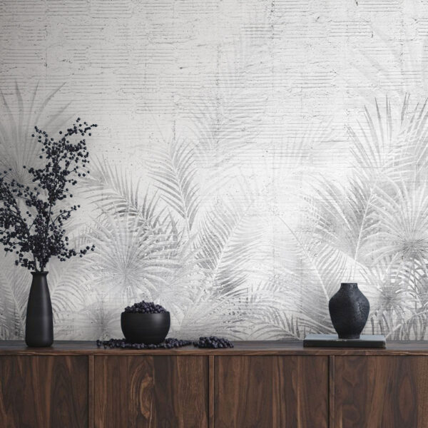 Papel pintado gris y blanco con hojas de palmera Fotomurales Papel pintado gris y blanco con hojas de palmera