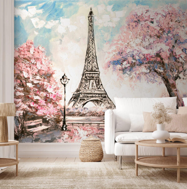 Romanticismo parisino bajo los cerezos en flor Fotomurales Romanticismo parisino bajo los cerezos en flor