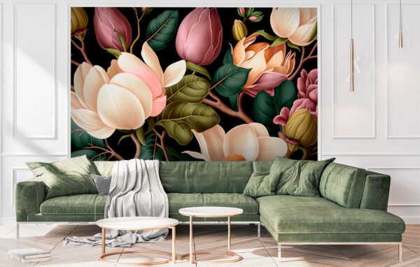 Elegantes magnolias y exuberantes hojas Fotomurales Elegantes magnolias y exuberantes hojas