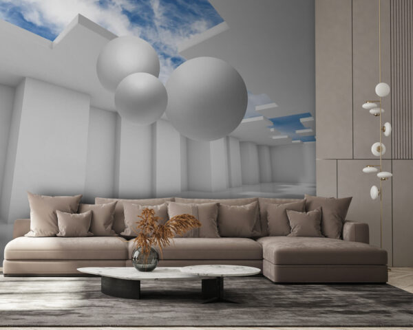 Habitación blanca con paredes blancas y bolas blancas Fotomurales Habitación blanca con paredes blancas y bolas blancas