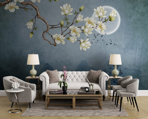 Pintura de una rama de árbol con flores blancas Fotomurales Pintura de una rama de árbol con flores blancas