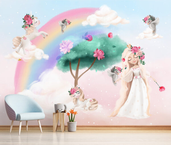 Unicornios y arco iris en una escena mágica Fotomurales Unicornios y arco iris en una escena mágica