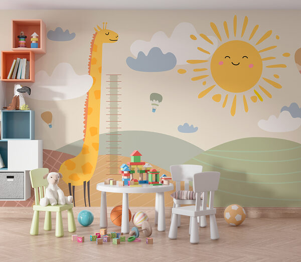 Jirafa midiendo la estatura de un niño Fotomurales Jirafa midiendo la estatura de un niño