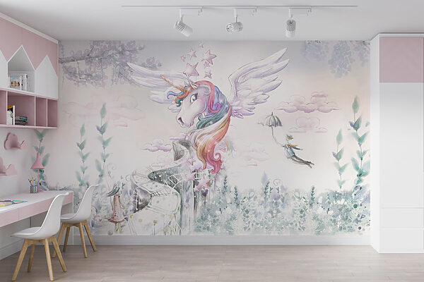 Unicornio con alas y pelo arco iris Fotomurales Unicornio con alas y pelo arco iris