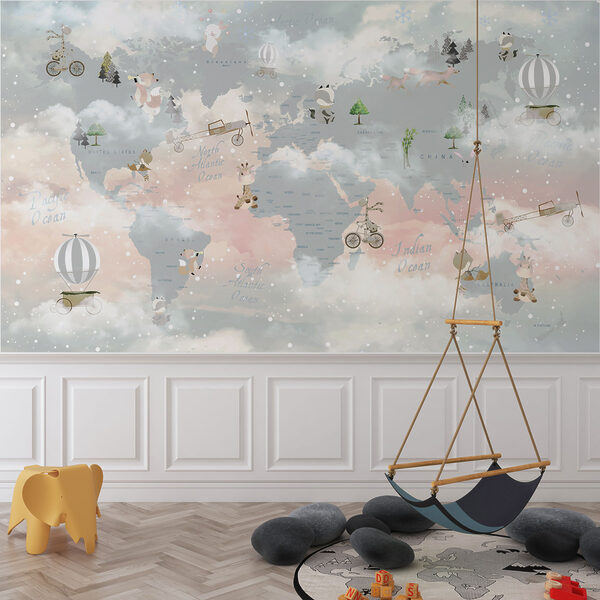 Mapa del mundo con nubes y animales Fotomurales Mapa del mundo con nubes y animales