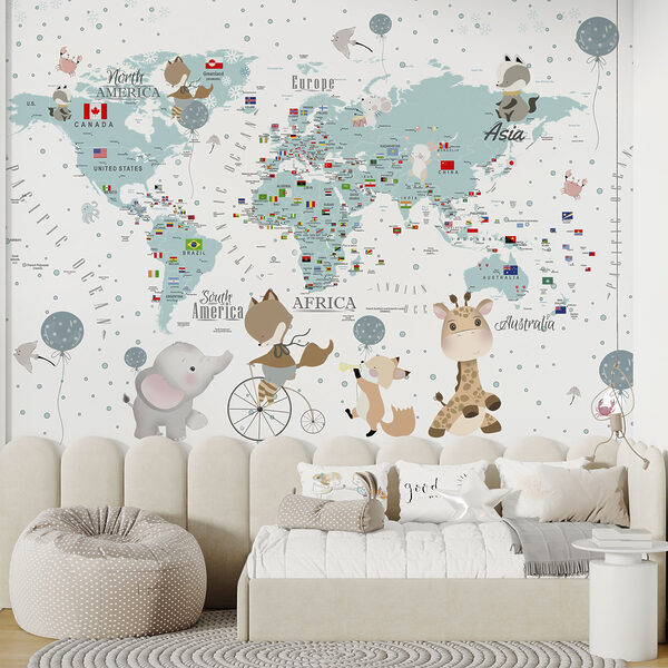 Mapa del mundo con animales Fotomurales Mapa del mundo con animales