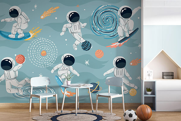 Dibujo animado de un astronauta sobre una tabla de surf Fotomurales Dibujo animado de un astronauta sobre una tabla de surf