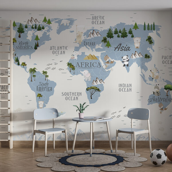 Mapa del mundo con animales y texto Fotomurales Mapa del mundo con animales y texto