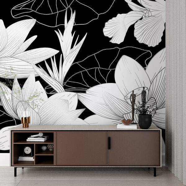 Elegante diseño floral en blanco y negro Fotomurales Elegante diseño floral en blanco y negro