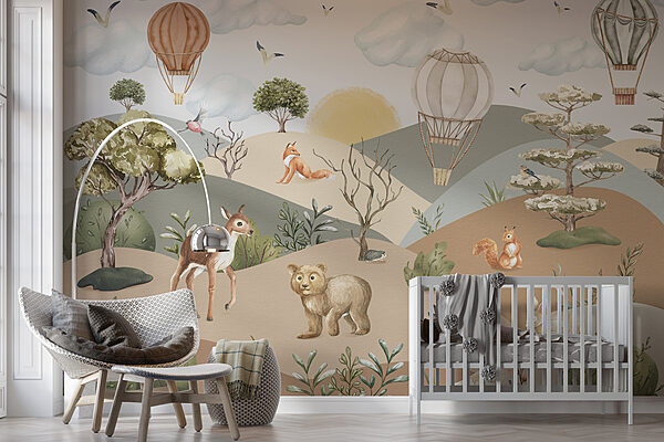 Fotomurales Paisaje con animales y globos aerostáticos