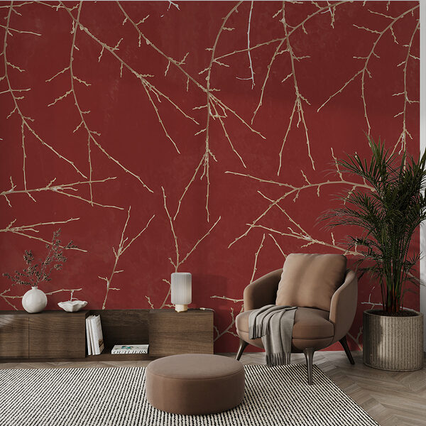 Fotomurales Patrón de ramas sobre fondo rojo