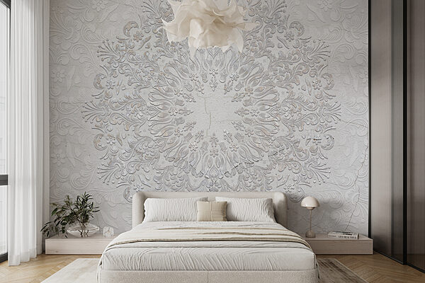 Diseño floral blanco sobre una superficie blanca Fotomurales Diseño floral blanco sobre una superficie blanca