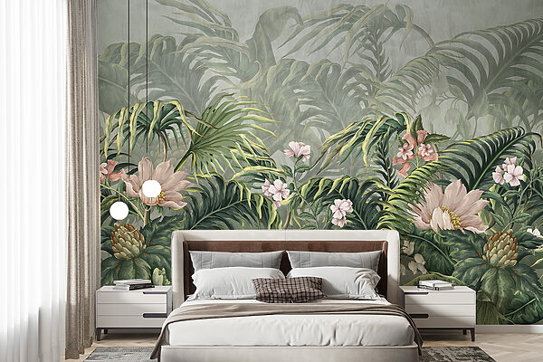 Papel pintado con flores y hojas Fotomurales Papel pintado con flores y hojas