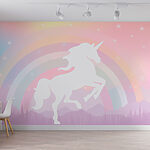 Fotomurales Unicornio con arco iris y montañas