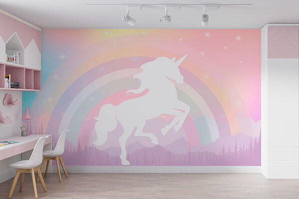 Unicornio con arco iris y montañas Fotomurales Unicornio con arco iris y montañas