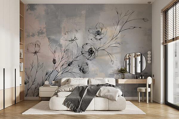 Dibujo de flores sobre fondo gris Fotomurales Dibujo de flores sobre fondo gris