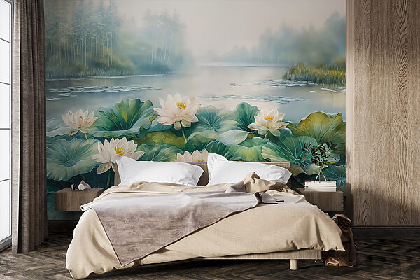 Pintura de un estanque con flores blancas y hojas verdes Fotomurales Pintura de un estanque con flores blancas y hojas verdes
