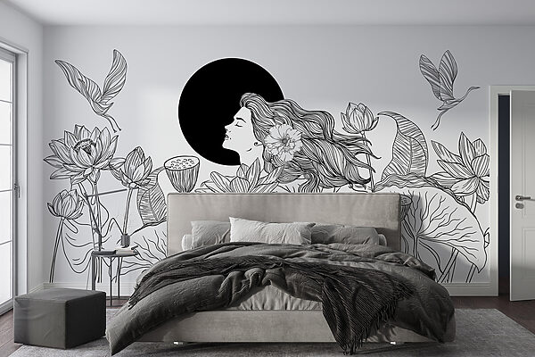 Fotomurales Mujer con pelo largo y flores