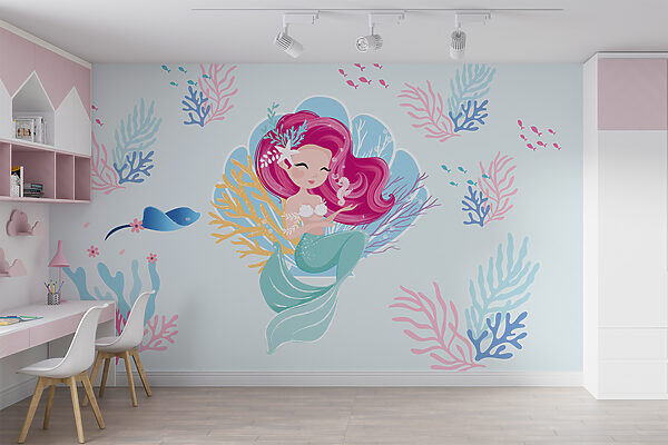 Sirena de dibujos animados con pelo rosa y un caballito de mar Fotomurales Sirena de dibujos animados con pelo rosa y un caballito de mar