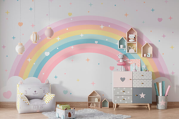 Fotomurales Fotomurales Arco iris con nubes y estrellas (SKU: w08109)