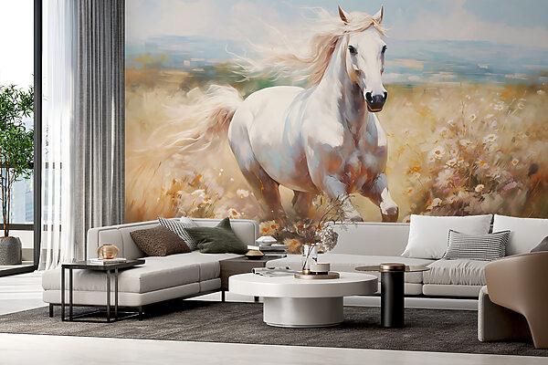 Caballo blanco corriendo por un campo de flores Fotomurales Caballo blanco corriendo por un campo de flores