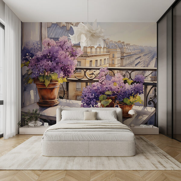 Pintura de un balcón con flores moradas Fotomurales Pintura de un balcón con flores moradas