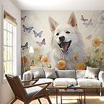 Fotomurales Perro blanco con mariposas alrededor