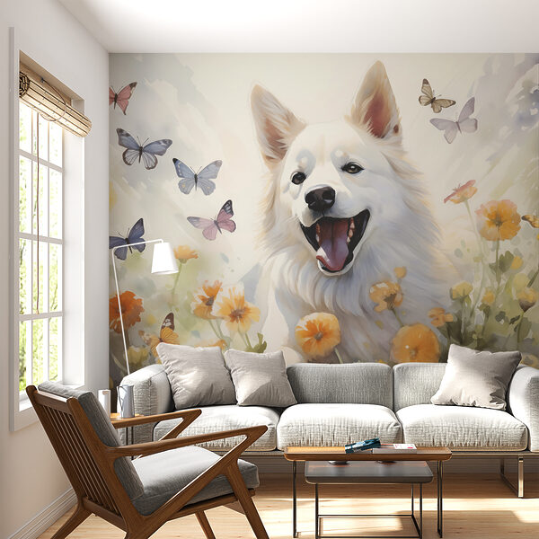 Perro blanco con mariposas alrededor Fotomurales Perro blanco con mariposas alrededor