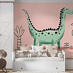 Fotomurales Dinosaurio de dibujos animados con plantas y hojas