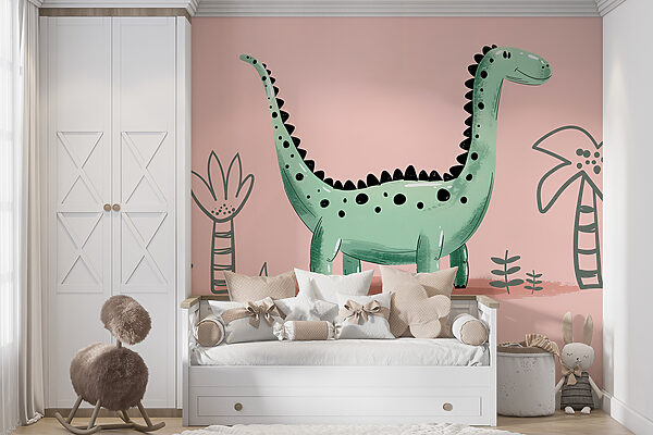 Fotomurales Dinosaurio de dibujos animados con plantas y hojas