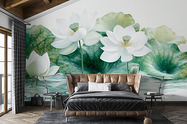 Fotomurales Grupo de flores blancas y hojas verdes en el agua