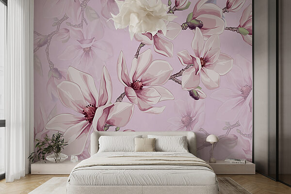 Magnolias en flor sobre fondo rosa Fotomurales Magnolias en flor sobre fondo rosa
