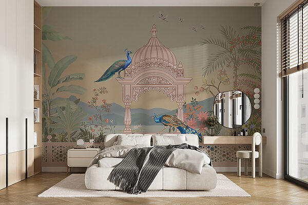 Mural de un edificio con tejado y pájaros Fotomurales Mural de un edificio con tejado y pájaros