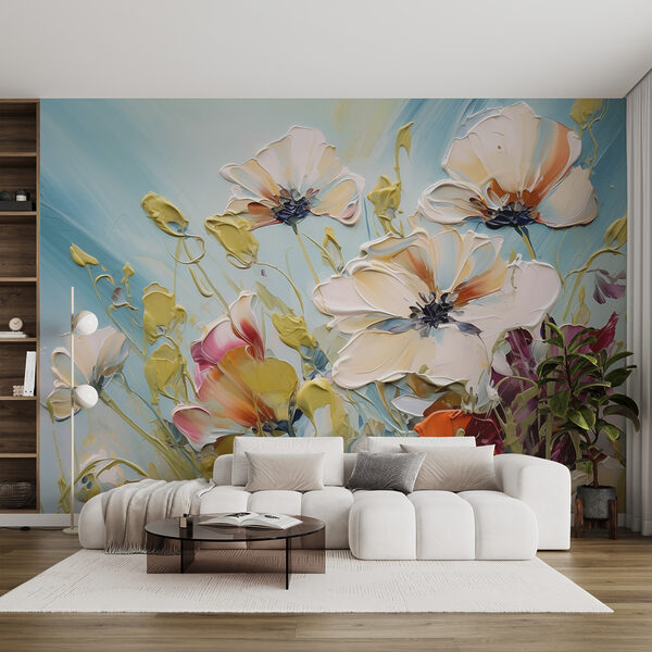 Pintura de flores sobre fondo azul Fotomurales Pintura de flores sobre fondo azul