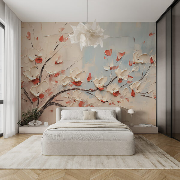 Pintura de un árbol con flores blancas Fotomurales Pintura de un árbol con flores blancas
