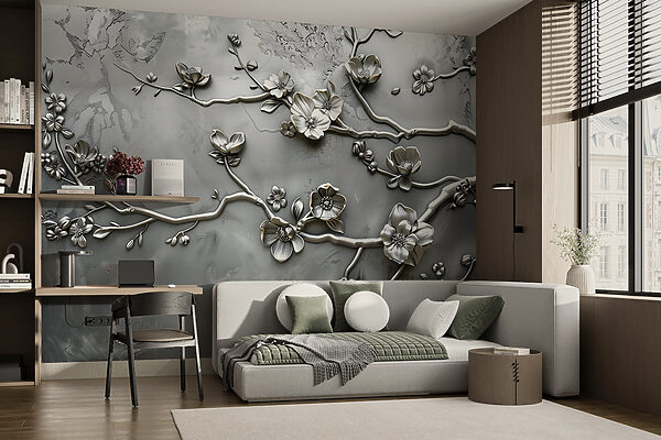 Fotomurales Fotomurales Diseño floral plateado en una pared (SKU: w01432)