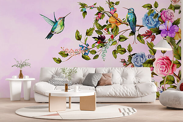 Pintura de pájaros en una rama con flores Fotomurales Pintura de pájaros en una rama con flores