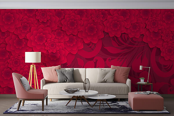 Estampado de flores rojas sobre fondo rojo Fotomurales Estampado de flores rojas sobre fondo rojo