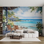 Fotomurales Acuarela de sillas en una terraza con vistas a la playa