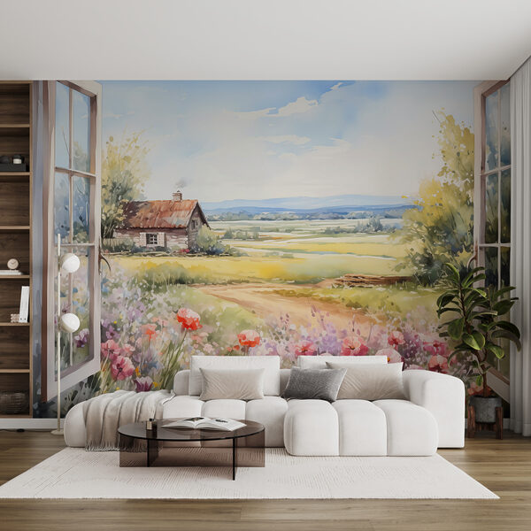 Pintura de una casa y flores Fotomurales Pintura de una casa y flores