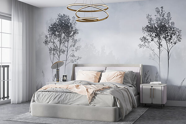 Fotomurales Paisaje brumoso con árboles y hierba